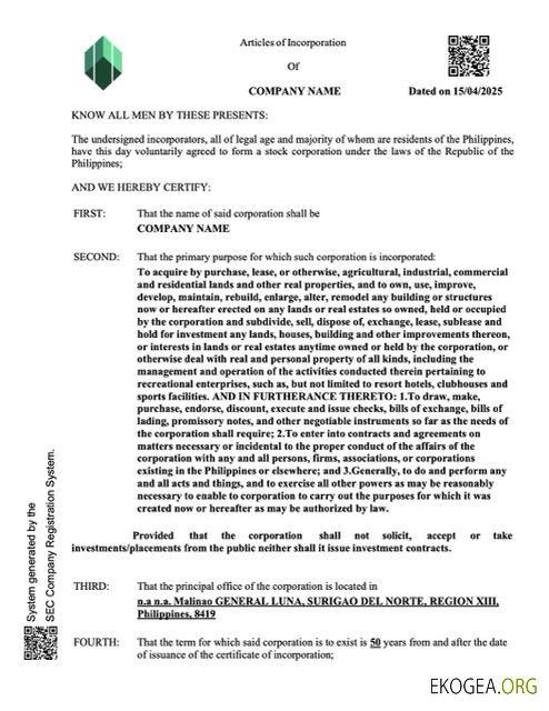 Modèle Word et PDF de certificat de constitution de société aux Philippines template